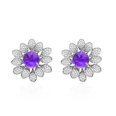 Round Purple Crystal Flower Stud Earrings